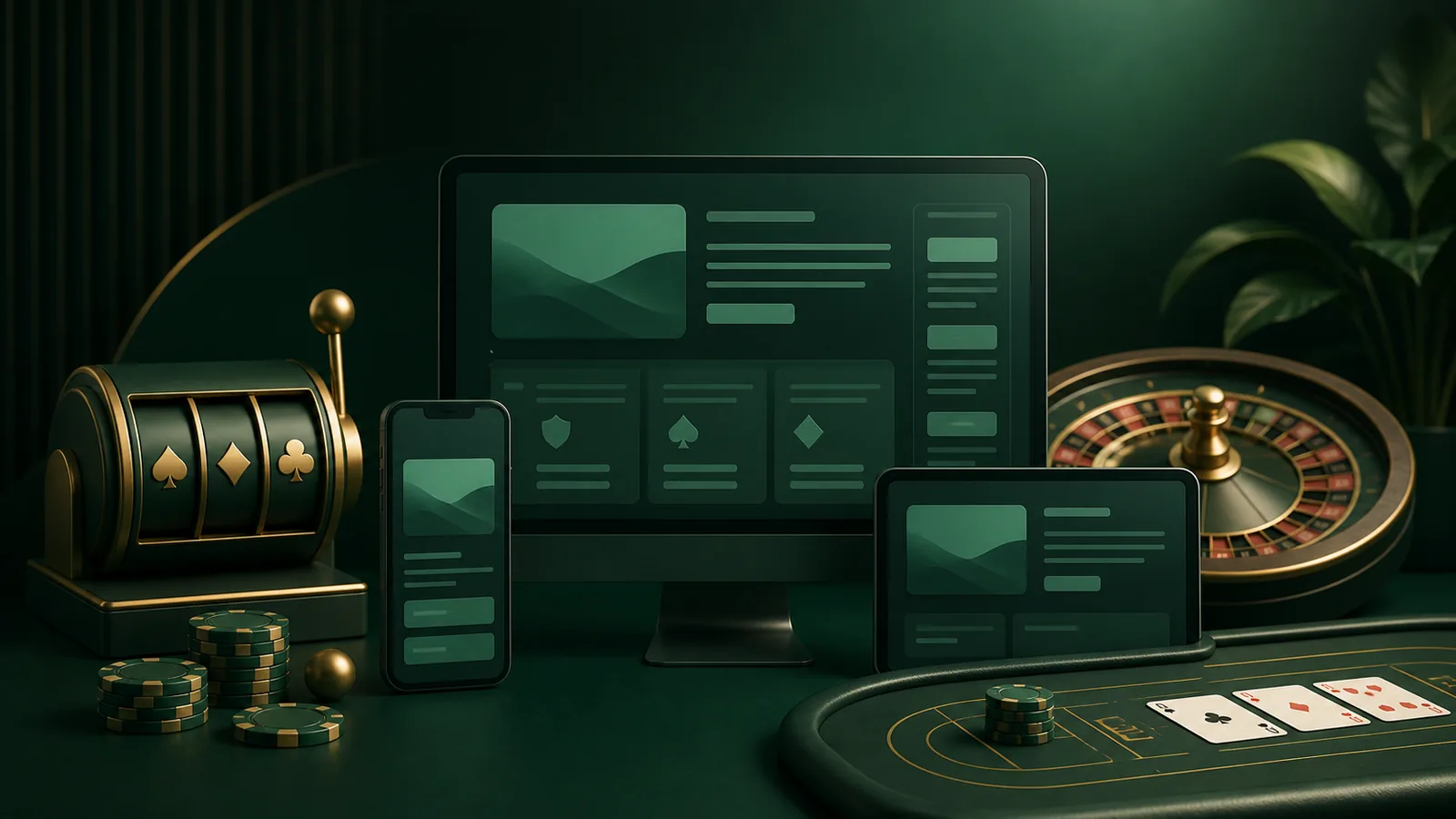 Ilustração de um ecossistema de cassino on-line com slots, roleta e mesa